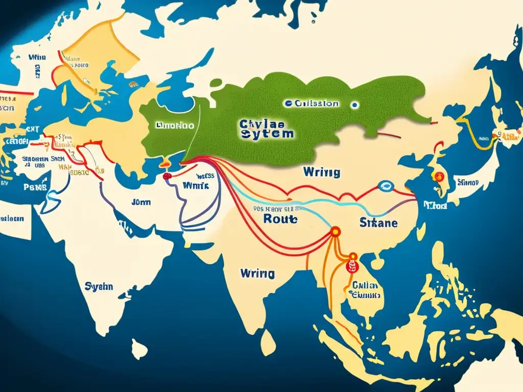 Mapa detallado de rutas comerciales antiguas con sistemas de escritura interconectados, evocando la difusión de sistemas de escritura en la historia