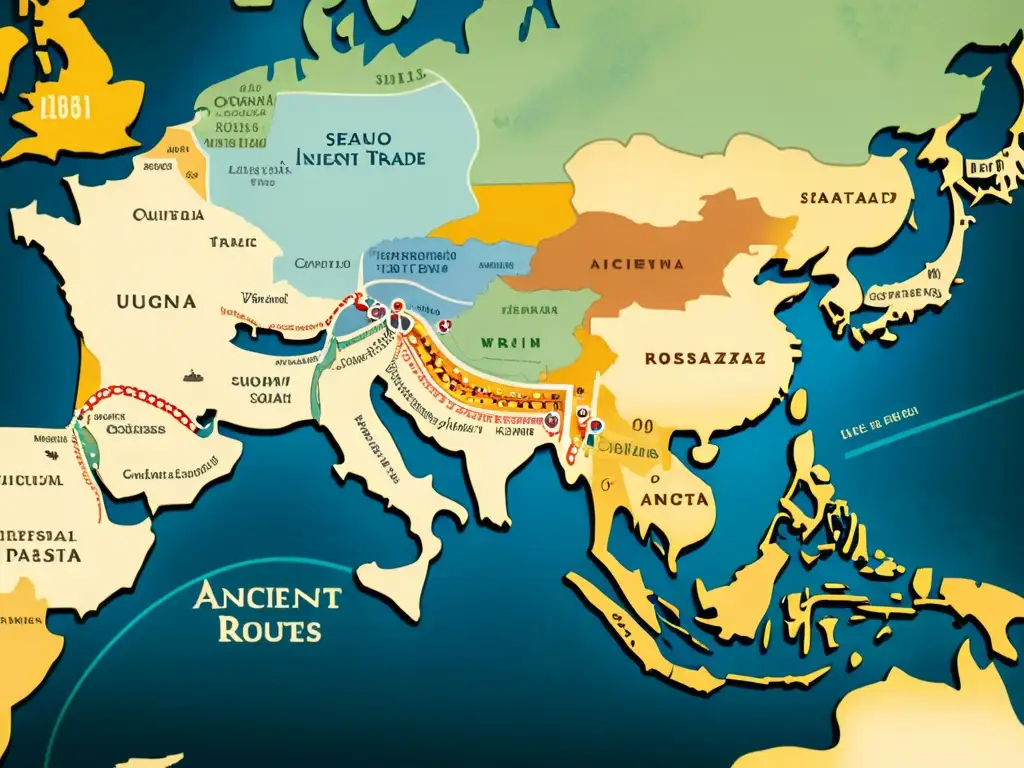 Mapa vintage de antiguas rutas comerciales y la difusión de sistemas de escritura, evocando historia y cultura