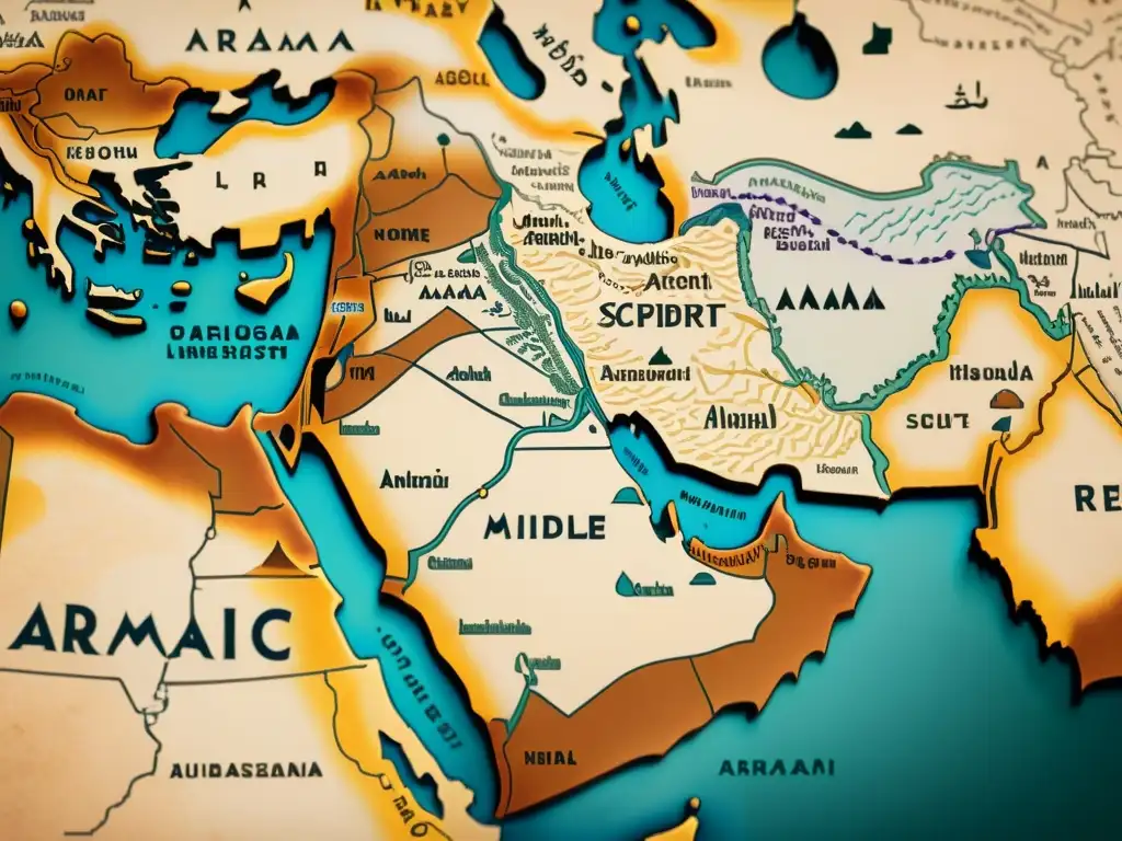 Mapa vintage del antiguo Medio Oriente con la importancia del arameo en escrituras, detalles delicados y tonos terrosos