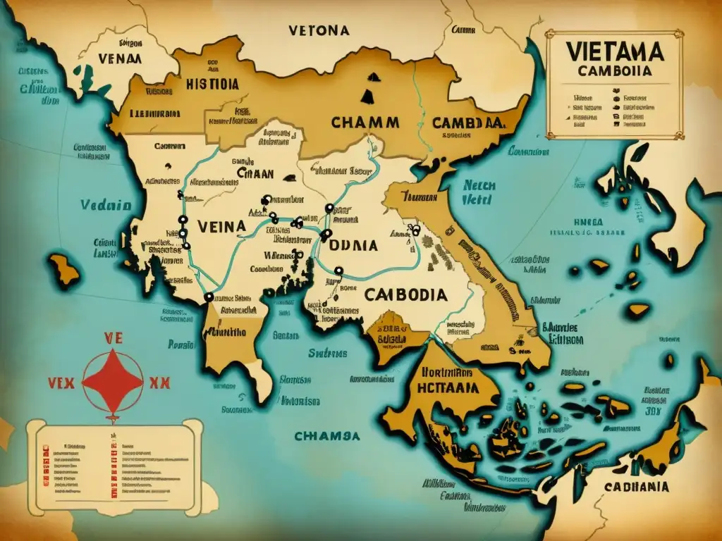 Un mapa vintage de Vietnam y Camboya, con detalles históricos y escrituras Cham, en tonos sepia y pergamino envejecido