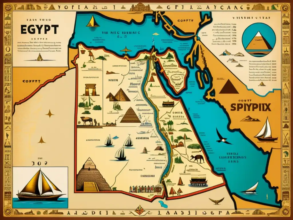 Un mapa vintage detallado de Egipto con el río Nilo, la Gran Esfinge y las Pirámides de Giza