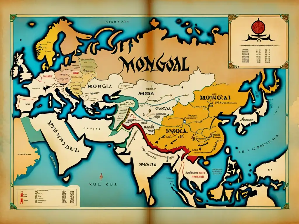 Mapa vintage del Imperio Mongol con detallada caligrafía y adornos tradicionales