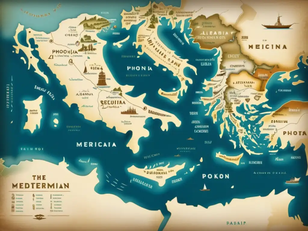 Mapa vintage del Mediterráneo con alfabeto fenicio y paisajes culturales