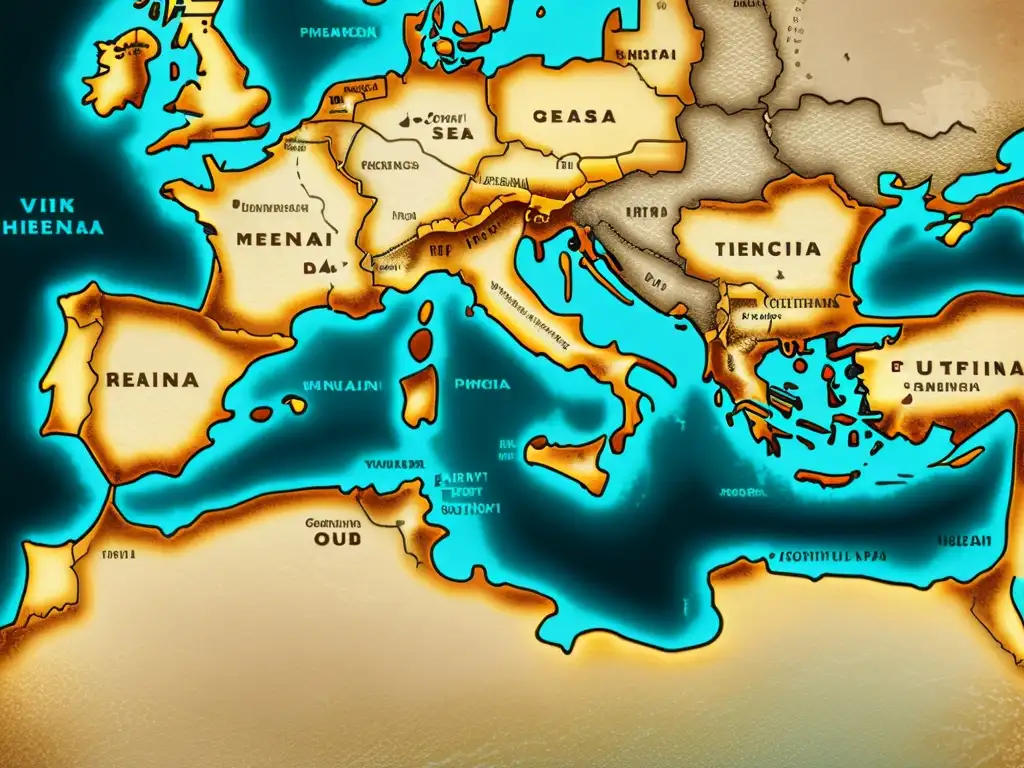 Mapa vintage del Mediterráneo, rutas comerciales fenicias y puertos marcados