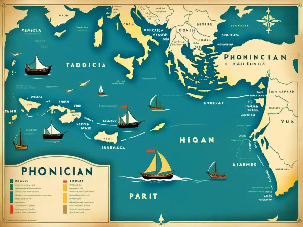 Un mapa vintage muestra rutas comerciales fenicias y la influencia del alfabeto fenicio en la cultura actual