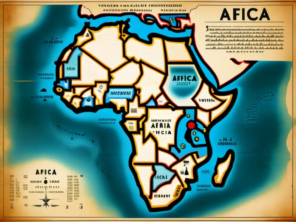 Un mapa vintage de África muestra la difusión del sistema de escritura Nsibidi a través del continente, con símbolos detallados y colores vibrantes