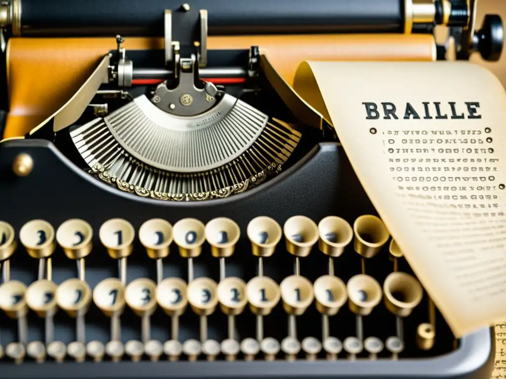 Una máquina de escribir braille vintage con detalles mecánicos intrincados y papel envejecido con texto en braille