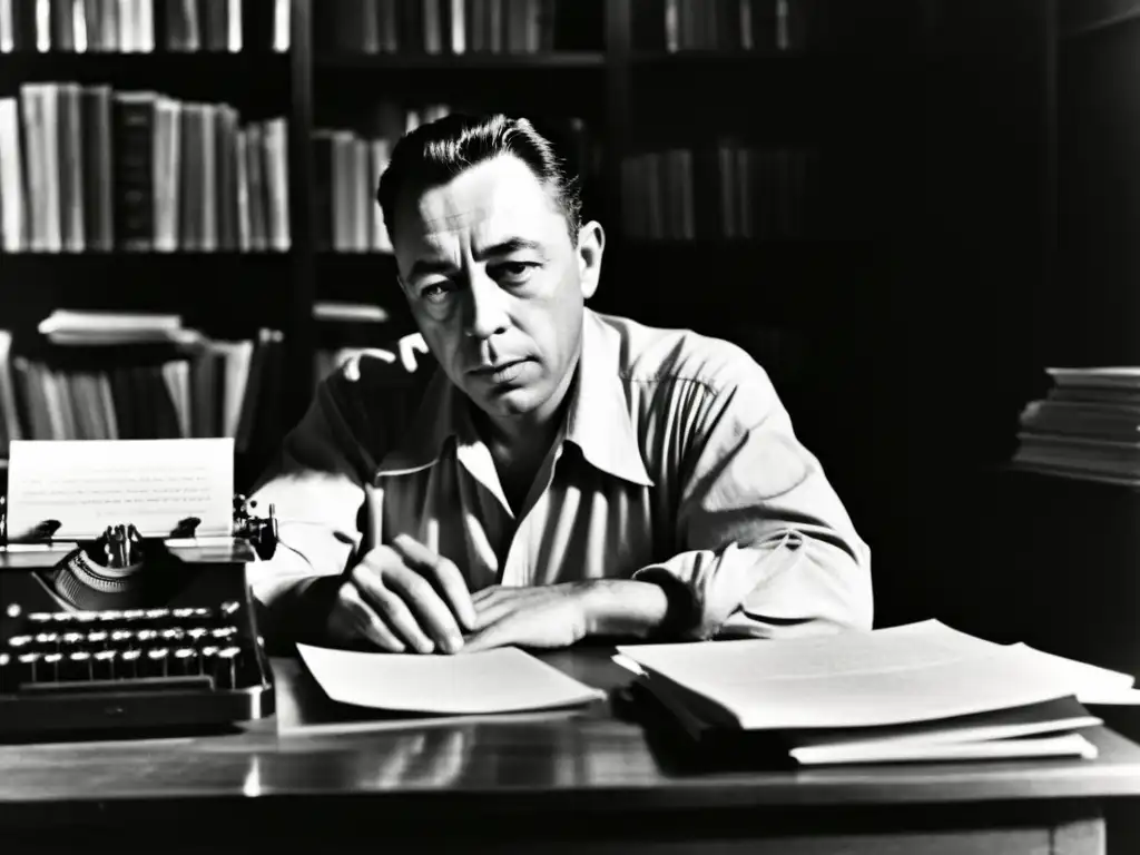 Albert Camus se sienta ante una máquina de escribir en una habitación tenue