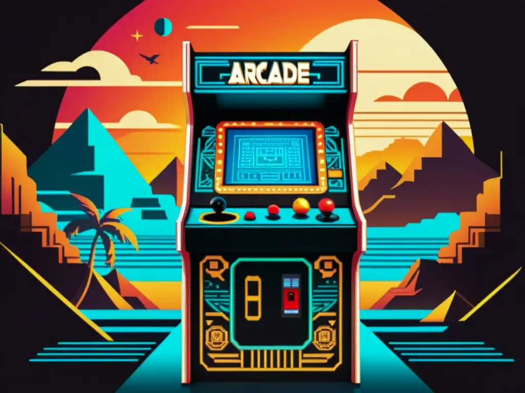 Una máquina arcade vintage con diseños jeroglíficos fusionados con paisajes digitales futuristas