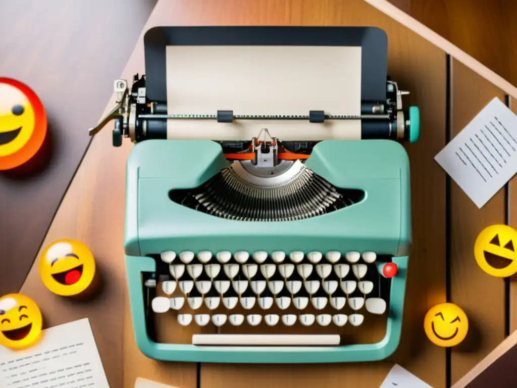 Una máquina de escribir vintage con emojis modernos, evoca autenticidad en sistemas de escritura y la evolución del lenguaje digital