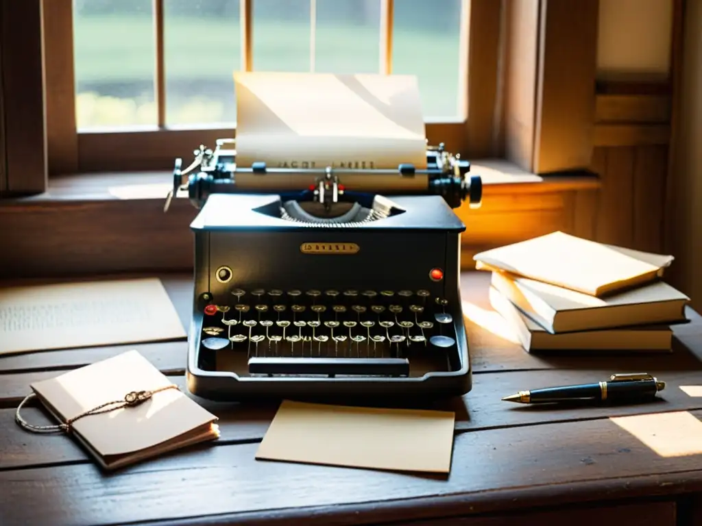 Una máquina de escribir vintage en un escritorio de madera, rodeada de cuadernos y plumas, evocando creatividad e historia