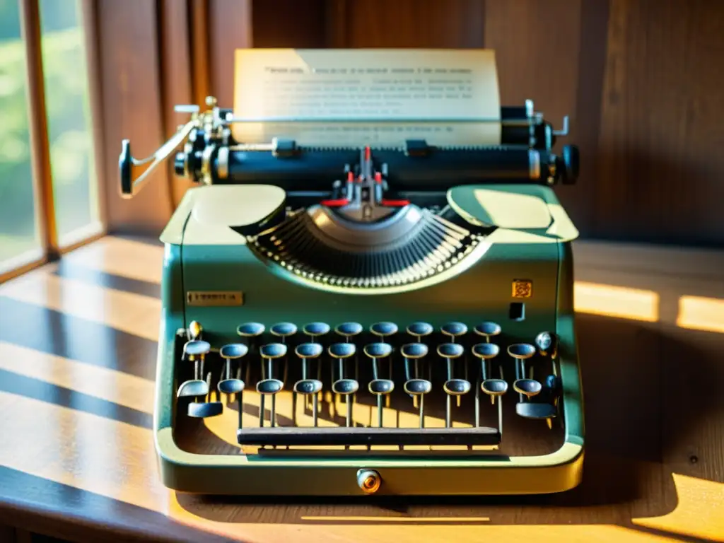 Una máquina de escribir vintage descansa en un escritorio de madera, con desgaste en las teclas