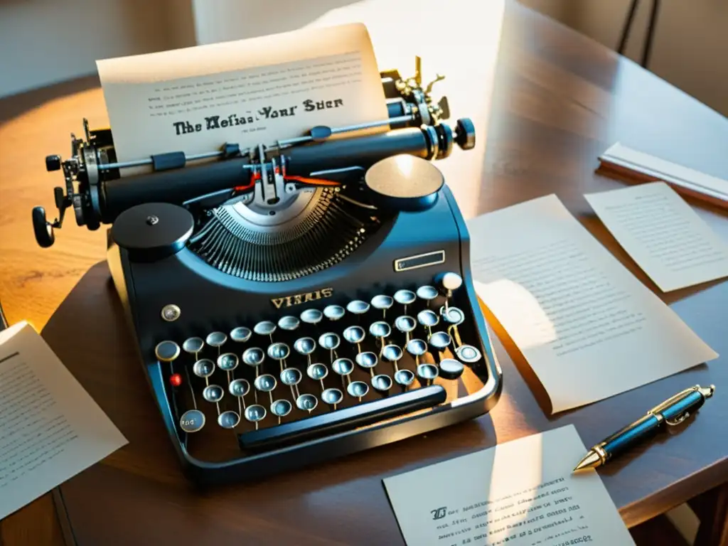 Una máquina de escribir vintage descansa sobre un escritorio de madera, iluminada por la cálida luz matutina