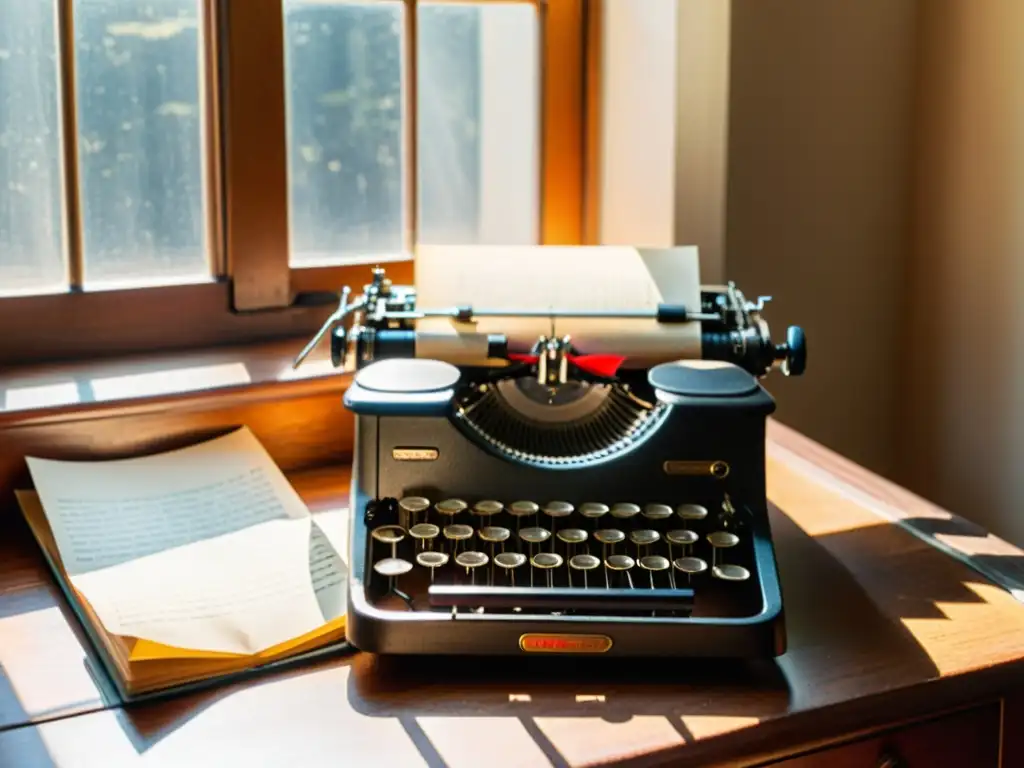 Una máquina de escribir vintage en un escritorio de madera, con páginas manuscritas atadas con una cinta roja