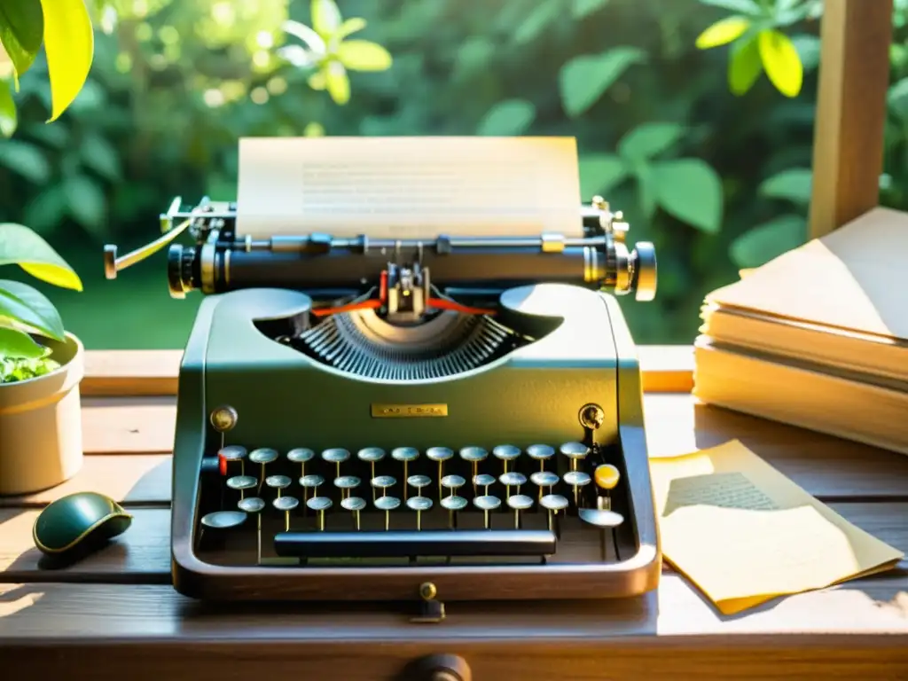 Una máquina de escribir vintage reposa sobre un escritorio de madera envejecida, rodeada de exuberante vegetación y bañada por la luz dorada del sol