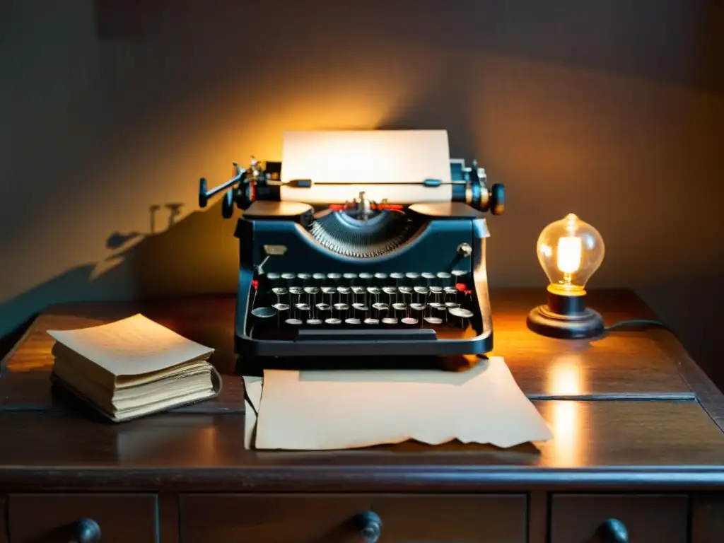 Una máquina de escribir vintage sobre un escritorio de madera con una lámpara tenue