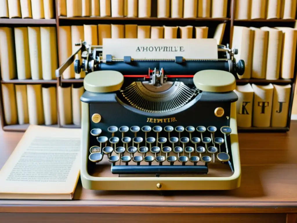 Una máquina de escribir vintage rodeada de libros antiguos en varios idiomas, simbolizando la complejidad de manejar múltiples alfabetos