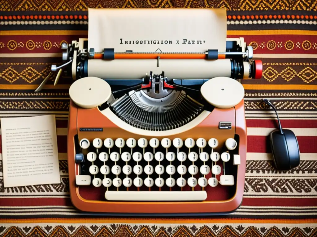 Una máquina de escribir vintage con teclado desgastado, rodeada de patrones textiles indígenas