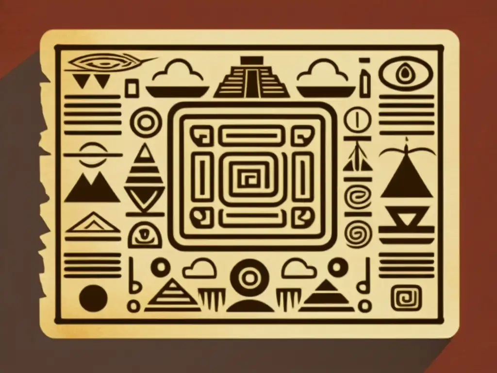 Material interactivo con glifos mayas y artefactos históricos en tonos sepia, evocando tradición y aprendizaje cultural