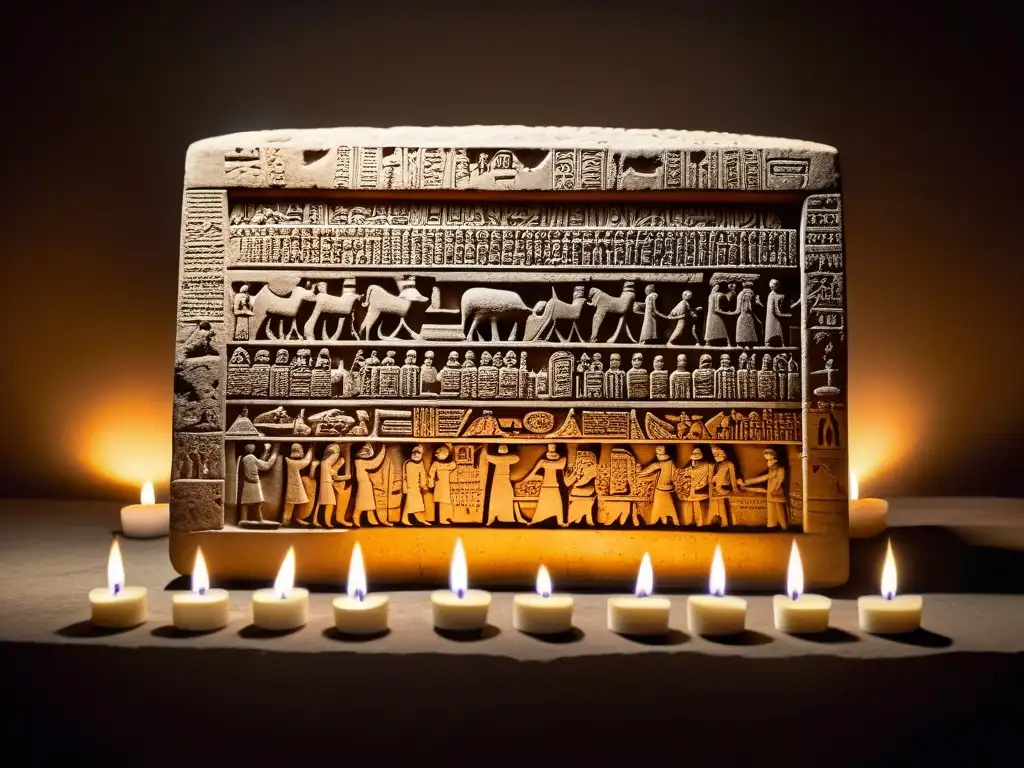 Mensajes cuneiformes rituales funerarios en detallada tablilla rodeada de ofrendas y dolientes, iluminada por cálida luz de velas en templo solemne