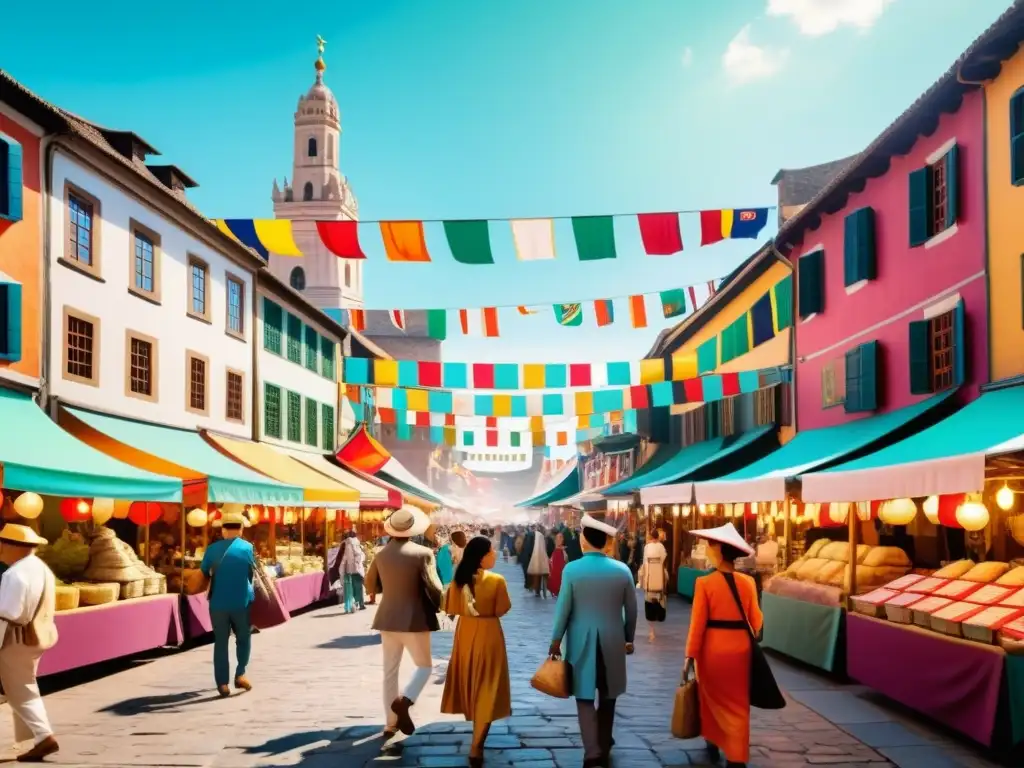 Un mercado bullicioso en una ciudad histórica con arquitectura tradicional y banderas coloridas