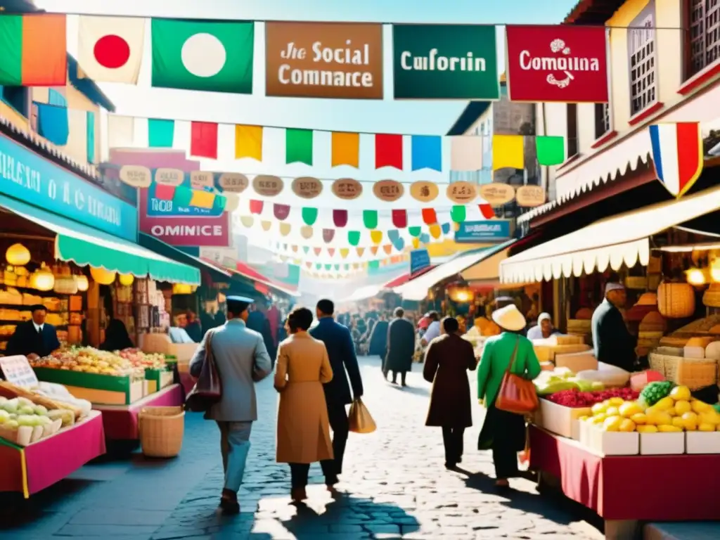 Un mercado bullicioso en una ciudad multicultural, con letreros multilingües