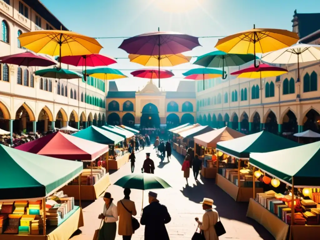 Mercado multicultural con libros, arte y gente diversa bajo coloridos toldos