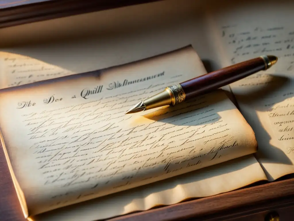 Escritura antigua: pluma y manuscrito en escritorio vintage Una mesa antigua con un manuscrito y pluma vintage