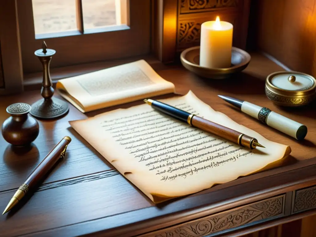 Una mesa de escritura de madera antigua con un kit de herramientas tradicionales de escritura hebrea, iluminada por la suave luz natural