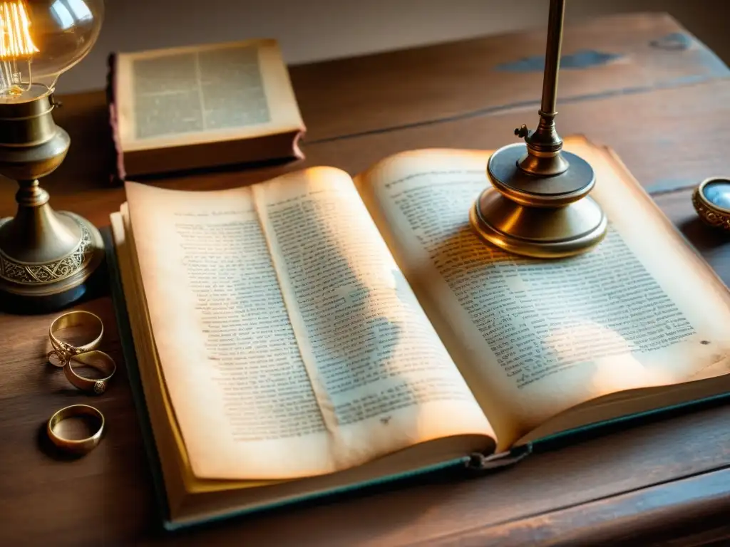 Una mesa de madera sostiene un manuscrito antiguo con caligrafía visible, iluminado por una lámpara, mientras se sostiene una réplica en 3D