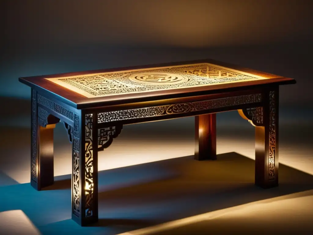 Una mesa de madera vintage con intrincadas tallas de escritura tibetana, fusionando arte tradicional con diseño contemporáneo