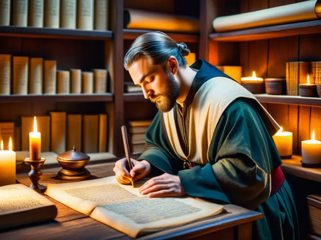 Un meticuloso escriba transcribe escritura eslava en pergamino, con pluma y tinta, iluminado por la cálida luz de las velas