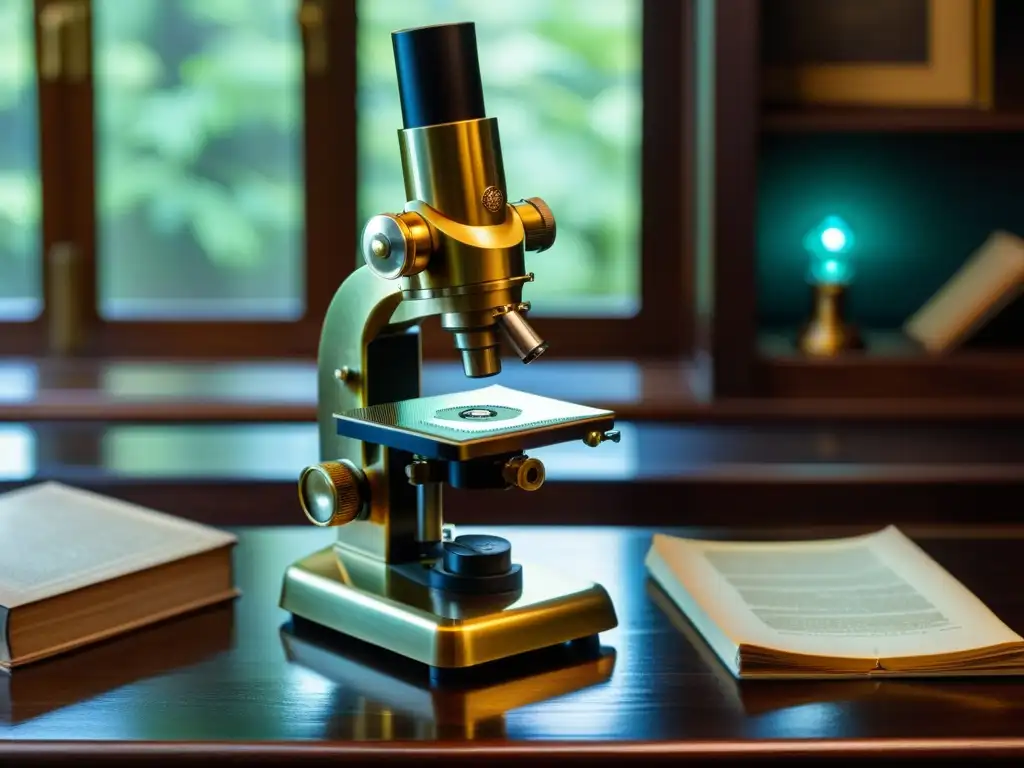 Un microscopio vintage de latón y vidrio en una mesa de madera oscura iluminado por la luz cálida de una ventana