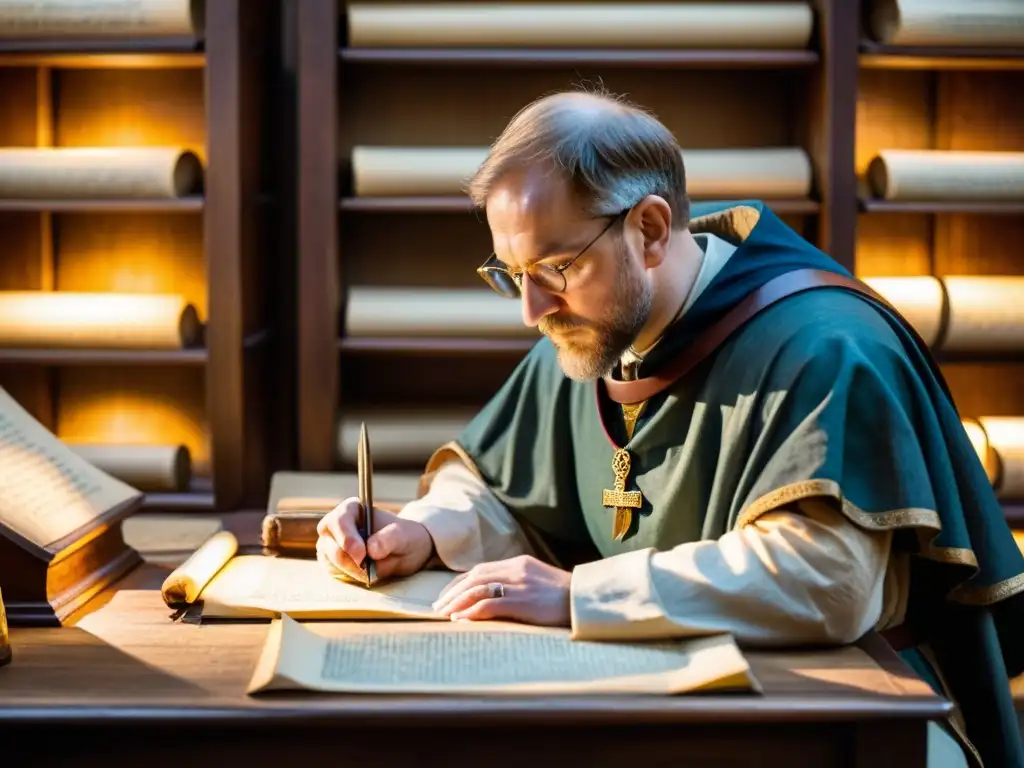 Un minucioso escriba medieval transcribe documentos militares a mano en un scriptorium tenue, rodeado de antiguos pergaminos