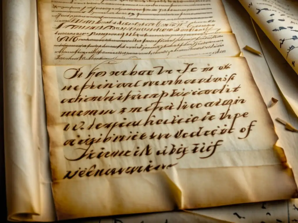 Misterioso manuscrito antiguo con caligrafía detallada y tonos sepia, evocando métodos científicos datar escrituras antiguas