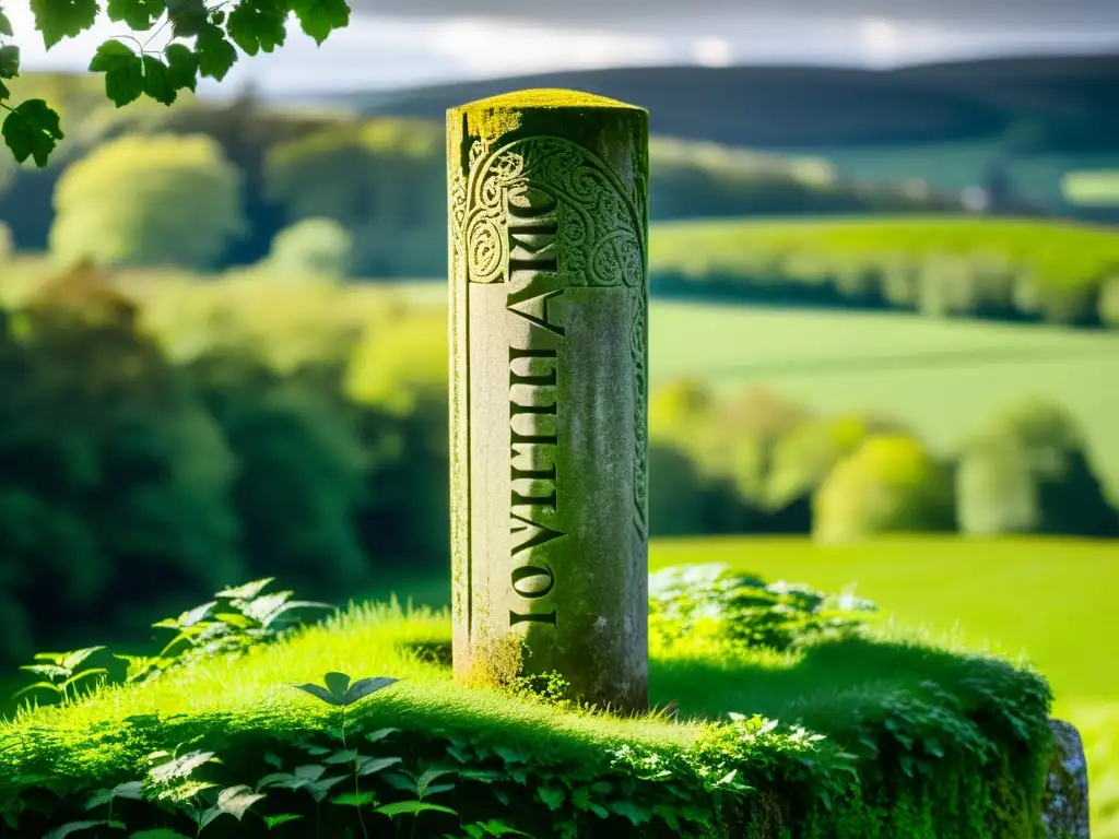 Un misterioso pilar de piedra tallado en un paisaje irlandés, con la antigua escritura ogham grabada