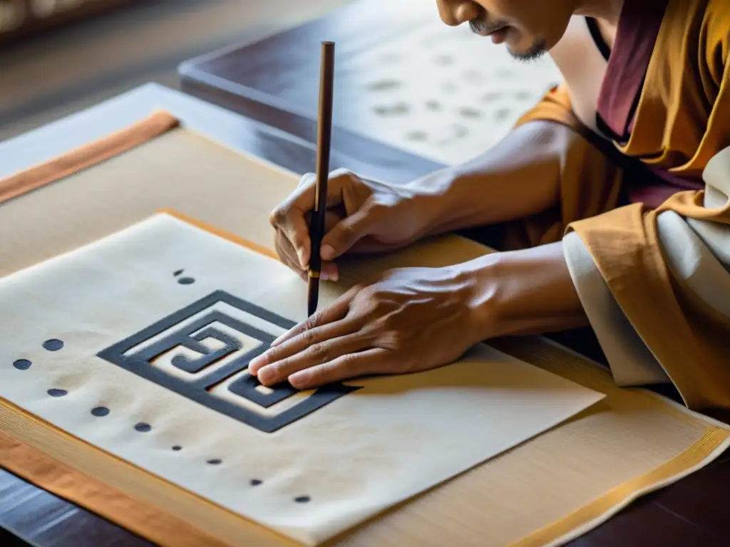 Un monje budista zen crea caligrafía en papel de arroz con un pincel tradicional, capturando la serena atmósfera de la práctica