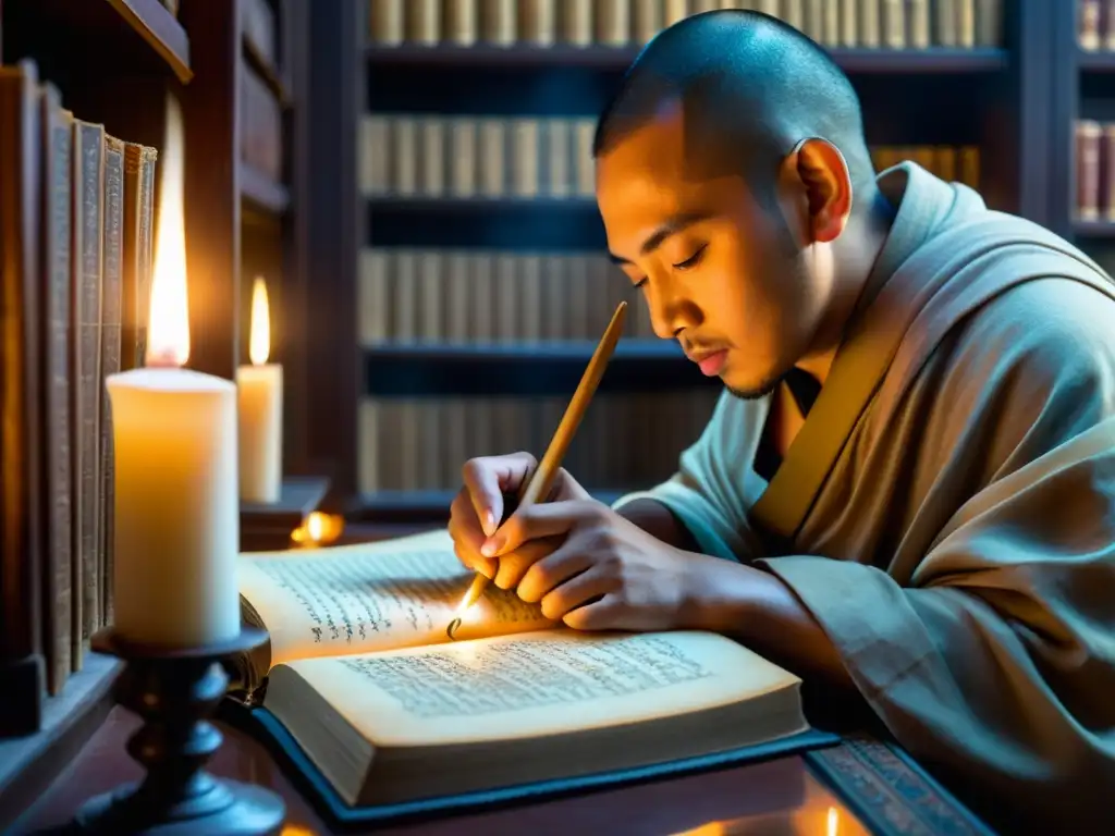 Un monje preserva con reverencia antiguos manuscritos en una biblioteca en Bután, en una escena iluminada por la suave luz de las velas