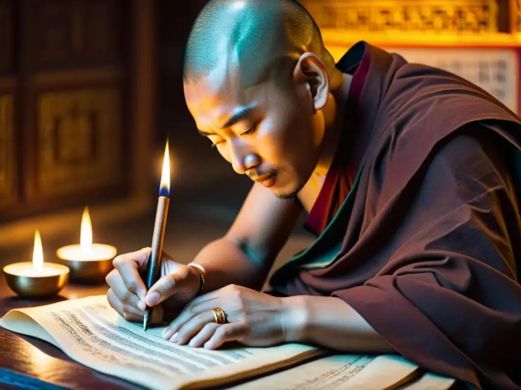 Un monje tibetano transcribe mantras sagrados en un antiguo monasterio