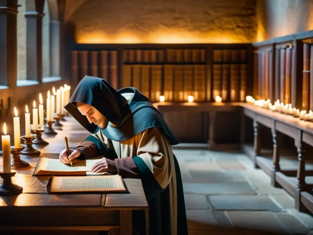 Monjes medievales escriben manuscritos en un scriptorium con velas