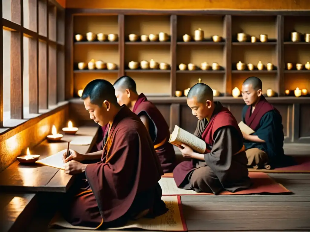 Monjes tibetanos practican la escritura en un monasterio iluminado por lámparas de aceite