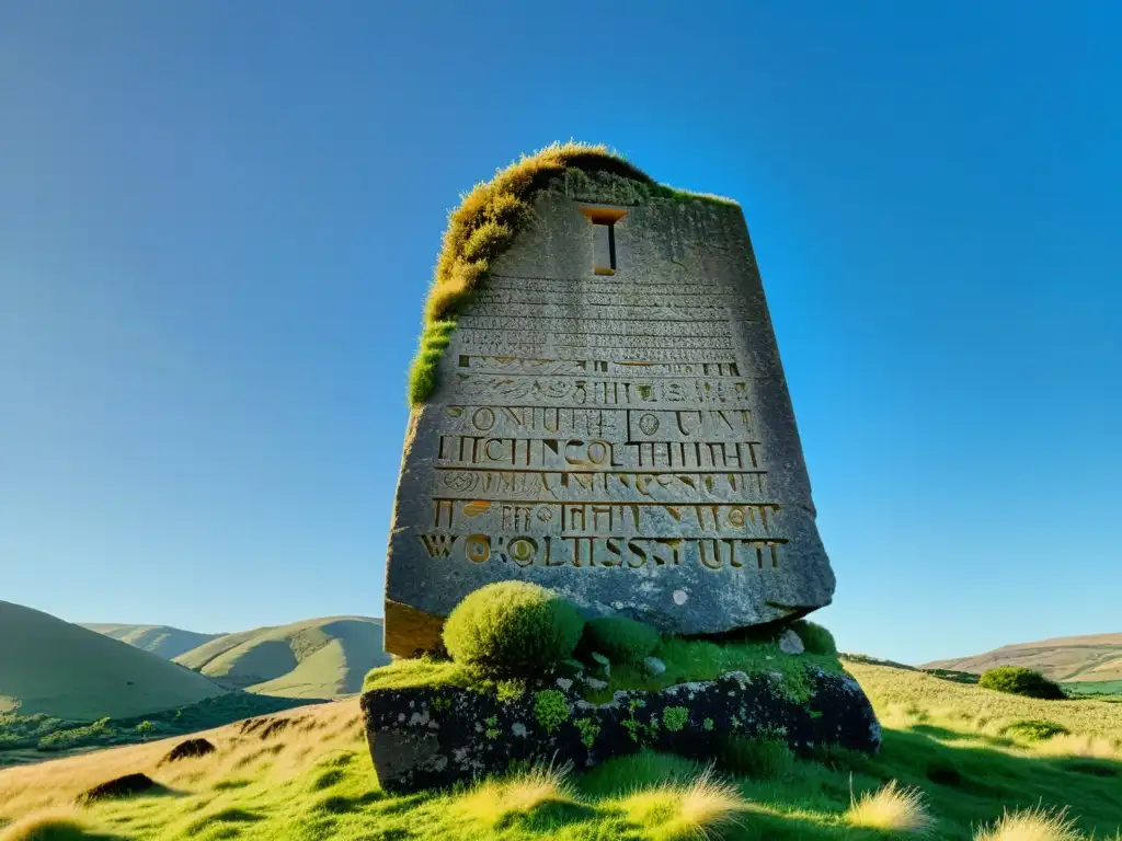 Monolito de piedra con alfabeto armenio tallado en verde colina y cielo azul, irradiando historia y belleza cultural