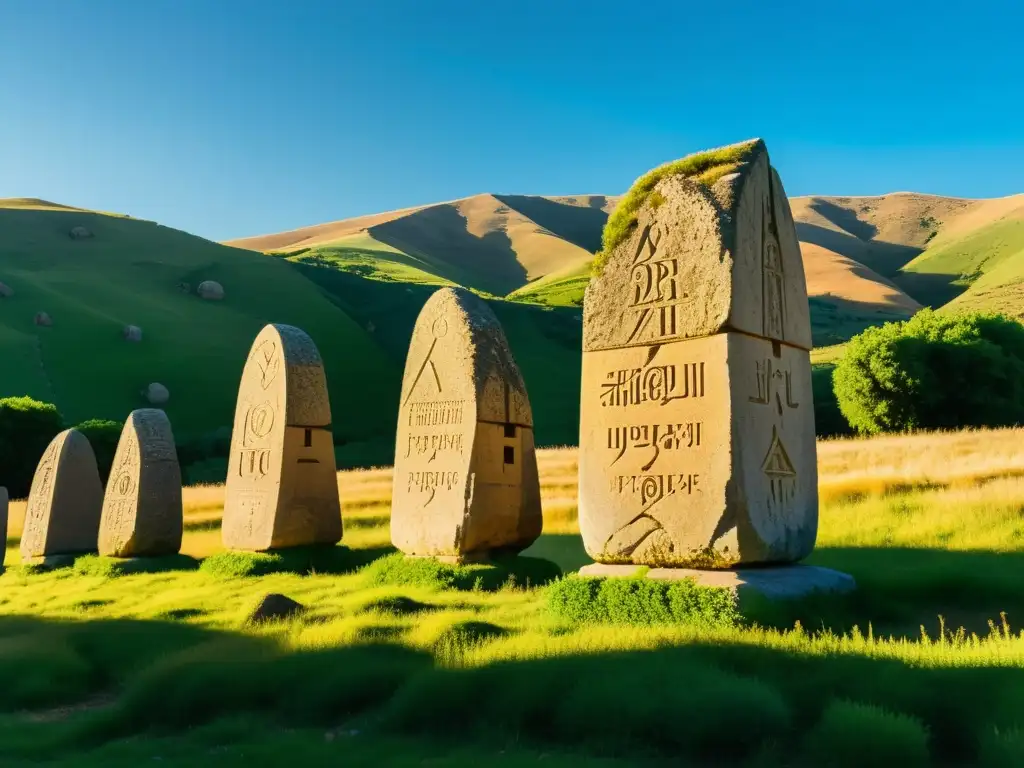 Monolitos de piedra alfabeto armenio tallados con detalle, enmarcados por colinas verdes y cielo azul, bajo la cálida luz del atardecer