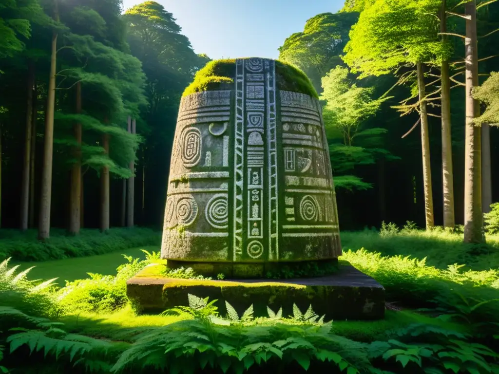 Monumento de piedra Ogham en bosque verde con significado espiritual del alfabeto Ogham, misterioso y vibrante