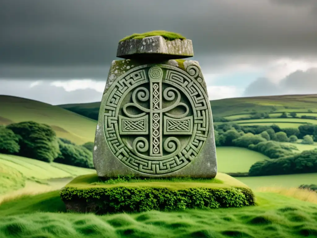 Monumento celta con escritura ogham, rodeado de símbolos místicos en un paisaje verde y cielo dramático