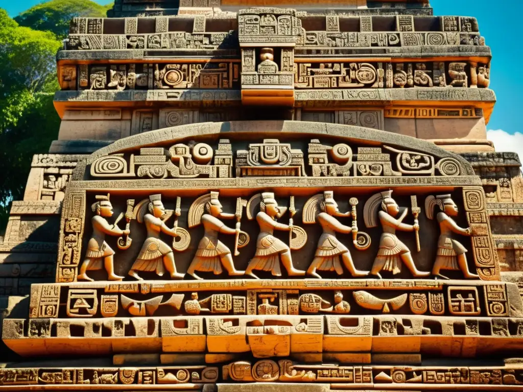 Monumento maya con significado glifos, colores vibrantes y misterio atemporal