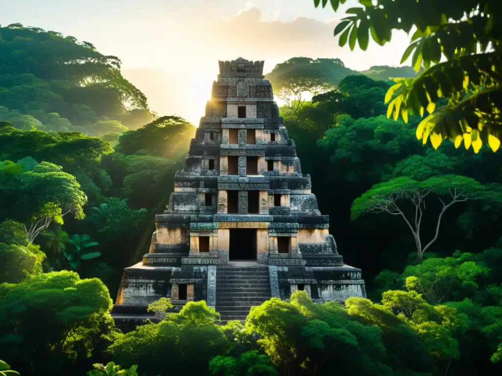 Monumento de piedra con glifos mayas iluminados por el sol en la exuberante jungla, evocando la rica historia y significado de la civilización maya