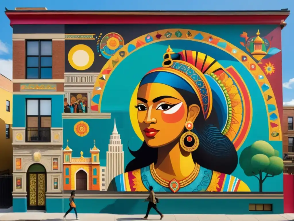 Un mural vibrante de estilo vintage en un edificio urbano, representando una diversidad cultural de manera creativa