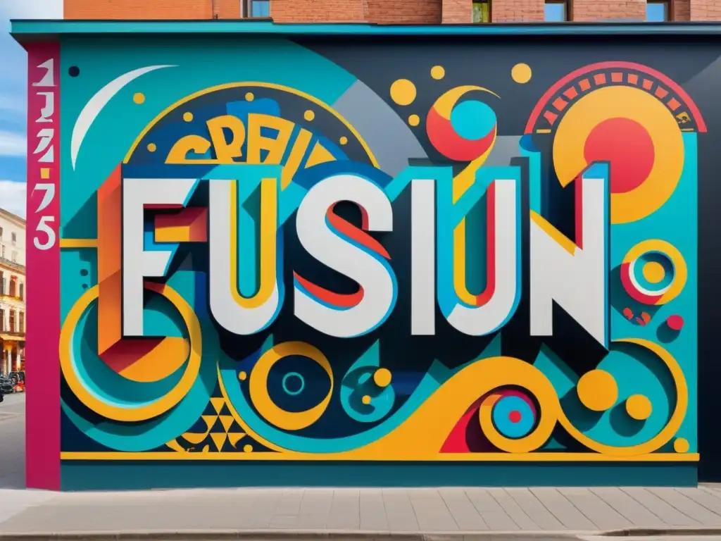 Un mural vibrante y moderno en el centro de la ciudad, fusionando letras cirílicas contemporáneas y símbolos globales en una atmósfera urbana