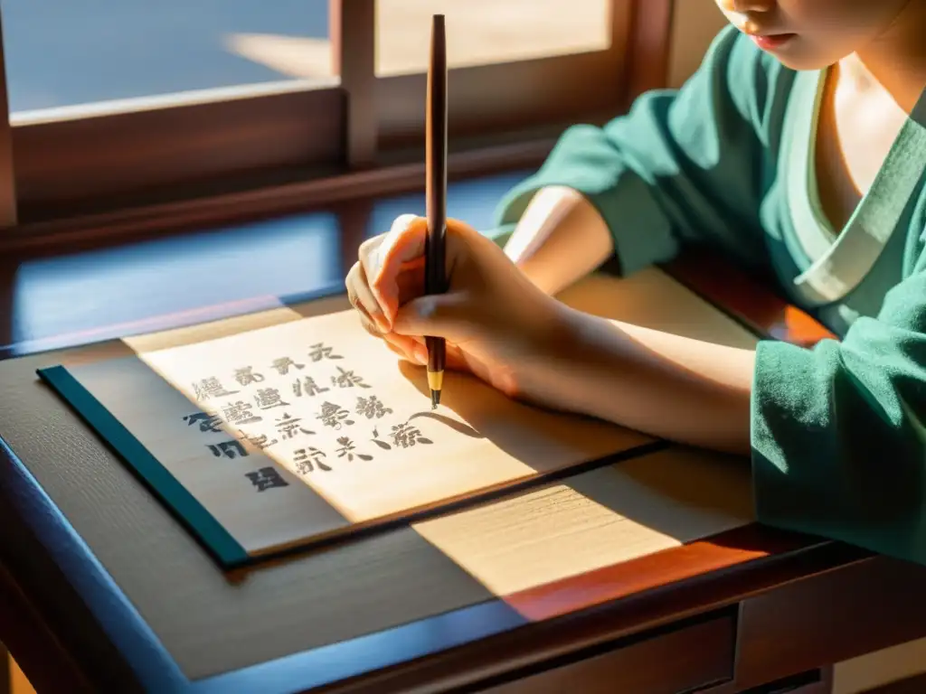 Niño japonés practicando kanji en escritorio antiguo, guiado por la tradición